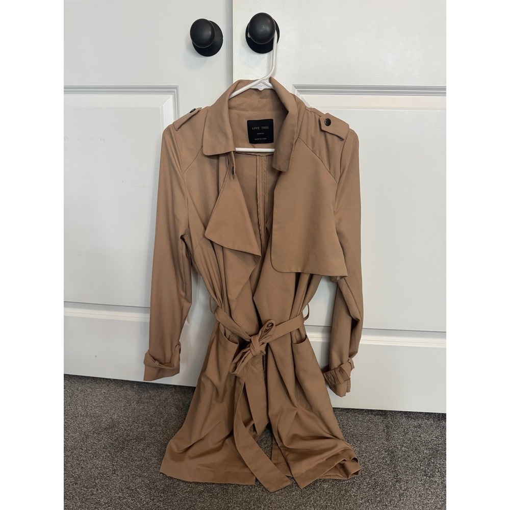 Love Tree Long Trench Coat Jacket Tan Womens Medium Open Front Belted Pocket